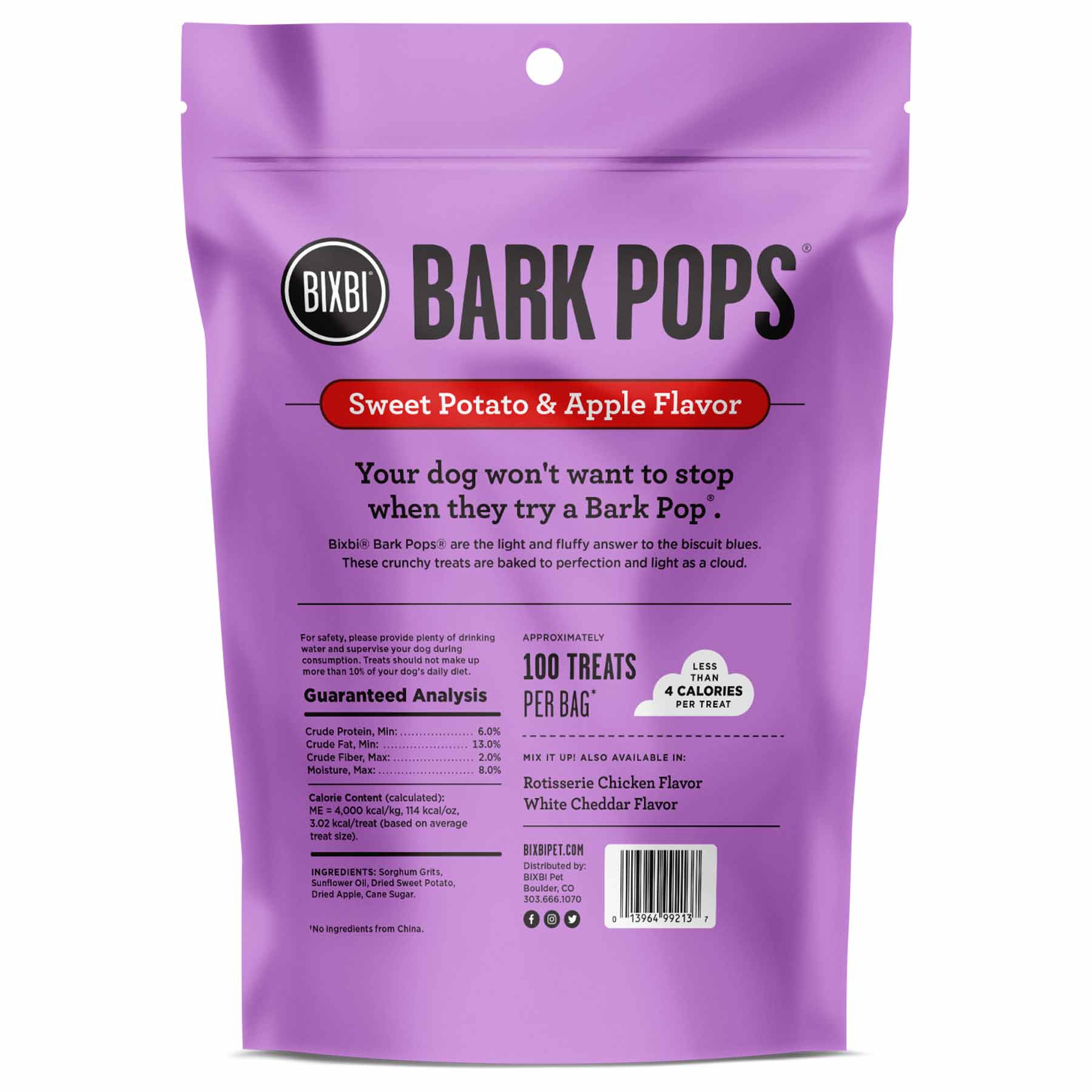 Bixbi Bark Pops Sweet Potato & Apple Flavour Light & Crunchy Training Dog Treats 4oz