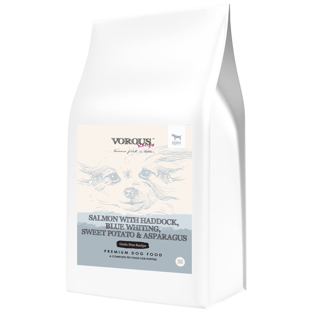 "30% OFF + FREE SUPPLEMENT w 10kg: Vorous Salmon With Haddock, Blue Whiting, Sweet Potato & Asparagus Puppy Grain-Free Dry Dog Food"